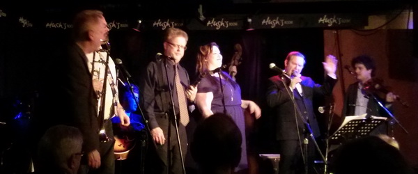 2015 Jeff Healey's Jazz Wizards Reunion - The gang's all here: l-r Reid Kaiser (piano - off screen), Danny Douglas (trombone), Brigham Phillips (trumpet), Jesse Barksdale (guitar), Ross Wooldridge (clarinet), Terra Hazleton (vocals), Colin Bray (bass), Christopher Plock (reeds, vocals), Drew Jureka (violin) & Gary Scriven (drums - off screen)